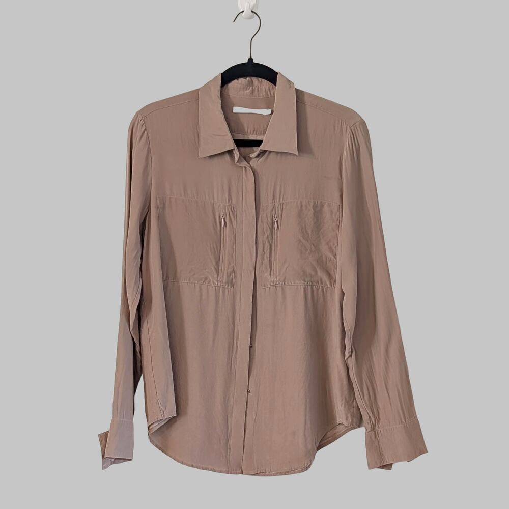 Elaine Kim 100% Silk Blouse Size M Mauve Snap Button Front Pockets Quiet Luxury